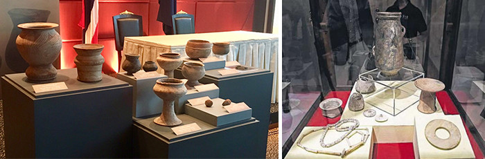 左-美國歸還泰國12件班清古文物、右-泰國國家博物館展示美國歸還之班清古文物