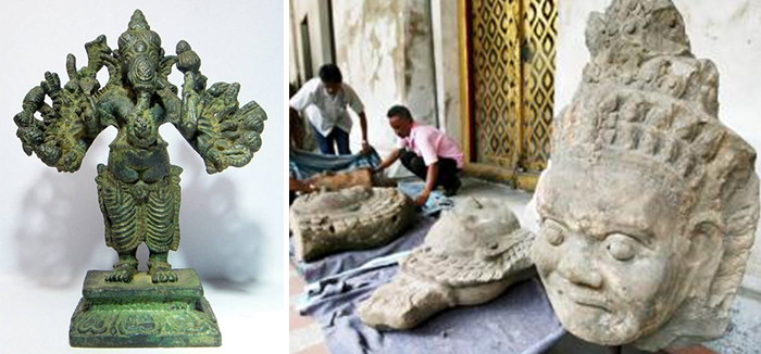 左-泰柬邊界出土之18世紀16臂象神青銅塑像、右-曼谷國家博物館準備歸還柬埔寨被盗古文物