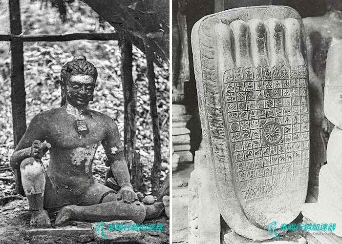 左-吳哥帝國時期石雕佛像、右-吳哥帝國時期石雕佛足