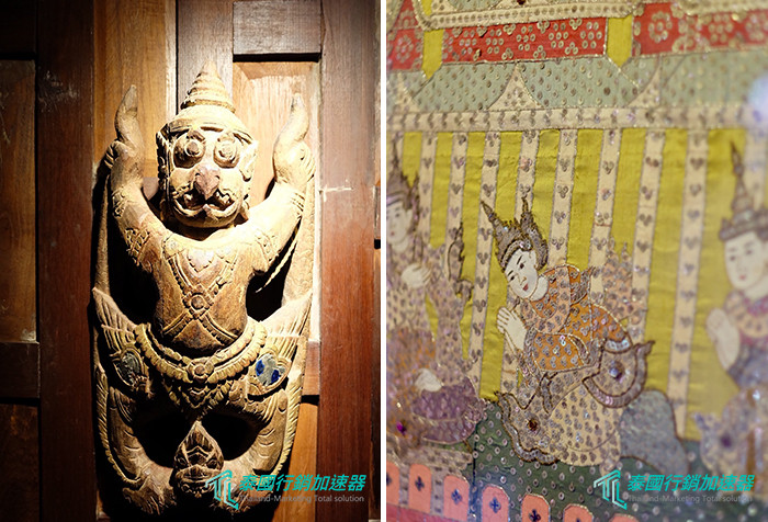 左-泰國金湯普森博物館藏木雕文物、右-泰國金湯普森博物館藏絲織文物