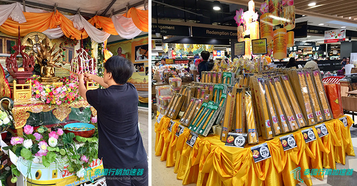左-泰國佛誕節的祈福儀式、右-泰國超市特設做功德禮佛貢品組合區