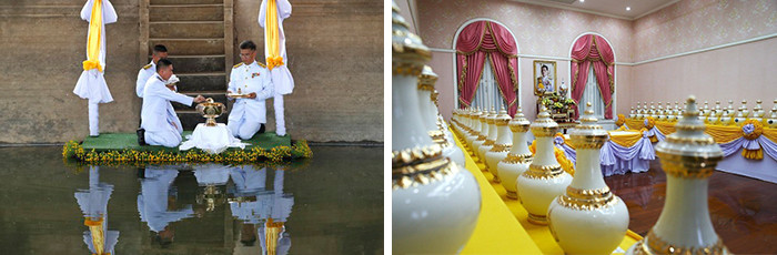 左-泰國十世王加冕舀取聖水儀式、右-泰國十世王加冕聖水混合儀式