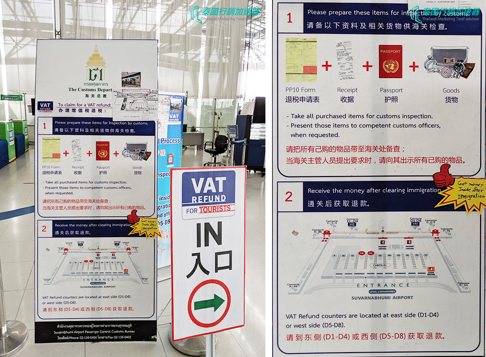 泰國退稅，蘇萬那普機場的退稅流程說明告示