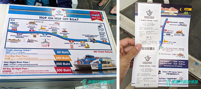 昭披耶河觀光船的票價公告與我們購買的單程船票